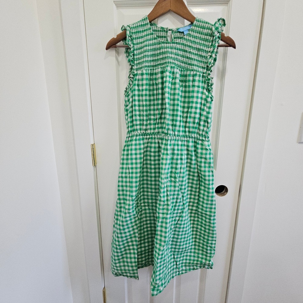 Draper James RSVP Green Gingham Smocked Ruffle Midi Dress Small Cotton Womens